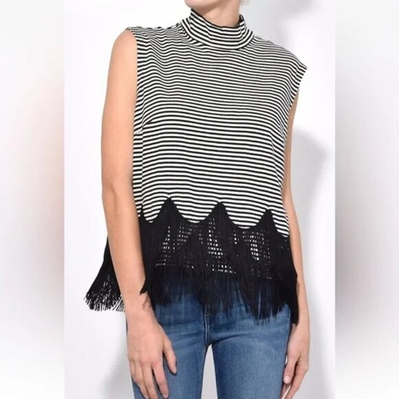 Marc Jacobs Mock Neck Sleeveless Striped Top with Scalloped Fringe Hem Small - Picture 1 of 10